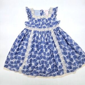 Lydia Jane Girls Blue Paisley Cotton Lace Trim Ruffle Dress Size 5
